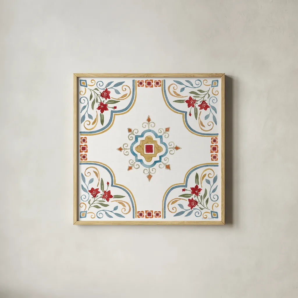 Mediterranean Motif III by Beth Grove. Shown in a natural wood glass frame for a timeless modern aesthetic. Available as an archival giclee rolled canvas, fine art paper, or poster print. SKU 77509a.