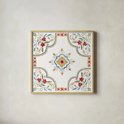 Mediterranean Motif III by Beth Grove. Shown in a natural wood glass frame for a timeless modern aesthetic. Available as an archival giclee rolled canvas, fine art paper, or poster print. SKU 77509a.