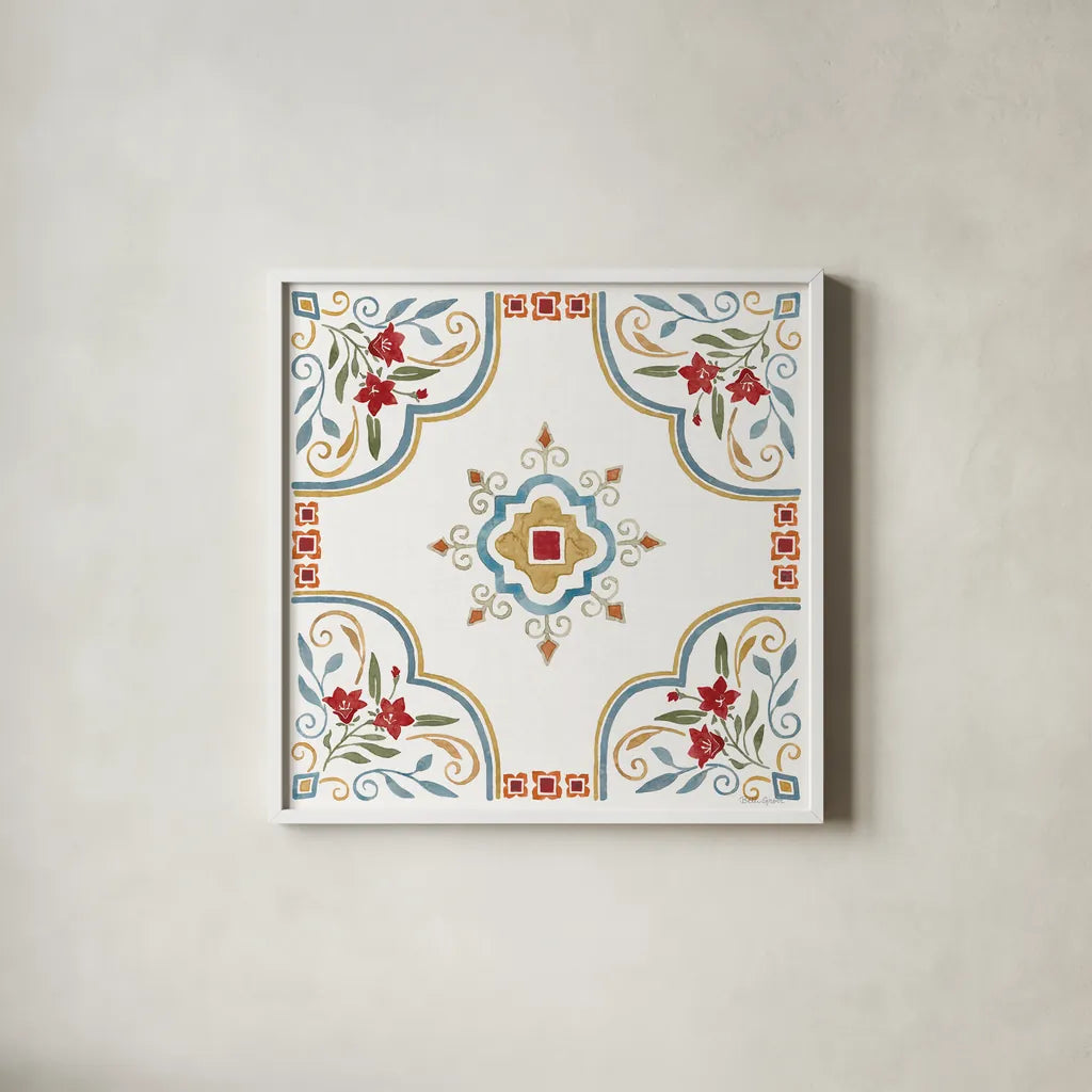 Mediterranean Motif III by Beth Grove. Shown in a crisp white glass frame for a clean and minimalist style. Available as an archival giclee rolled canvas, fine art paper, or poster print. SKU 77509a.