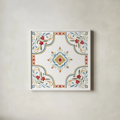 Mediterranean Motif III by Beth Grove. Shown in a crisp white glass frame for a clean and minimalist style. Available as an archival giclee rolled canvas, fine art paper, or poster print. SKU 77509a.