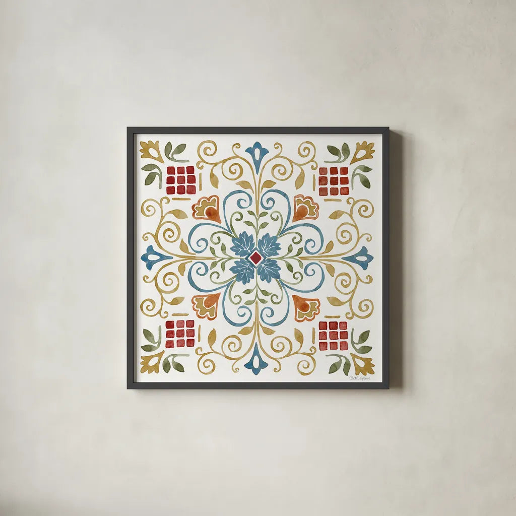 Mediterranean Motif IV by Beth Grove. Shown in a sleek black glass frame for a contemporary gallery look. Available as an archival giclee rolled canvas, fine art paper, or poster print. SKU 77510a.
