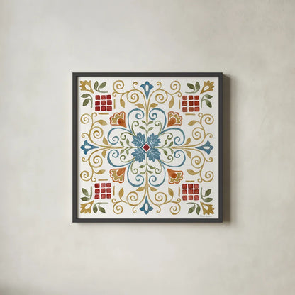 Mediterranean Motif IV by Beth Grove. Shown in a sleek black glass frame for a contemporary gallery look. Available as an archival giclee rolled canvas, fine art paper, or poster print. SKU 77510a.