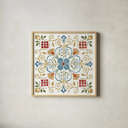 Mediterranean Motif IV by Beth Grove. Shown in a natural wood glass frame for a timeless modern aesthetic. Available as an archival giclee rolled canvas, fine art paper, or poster print. SKU 77510a.