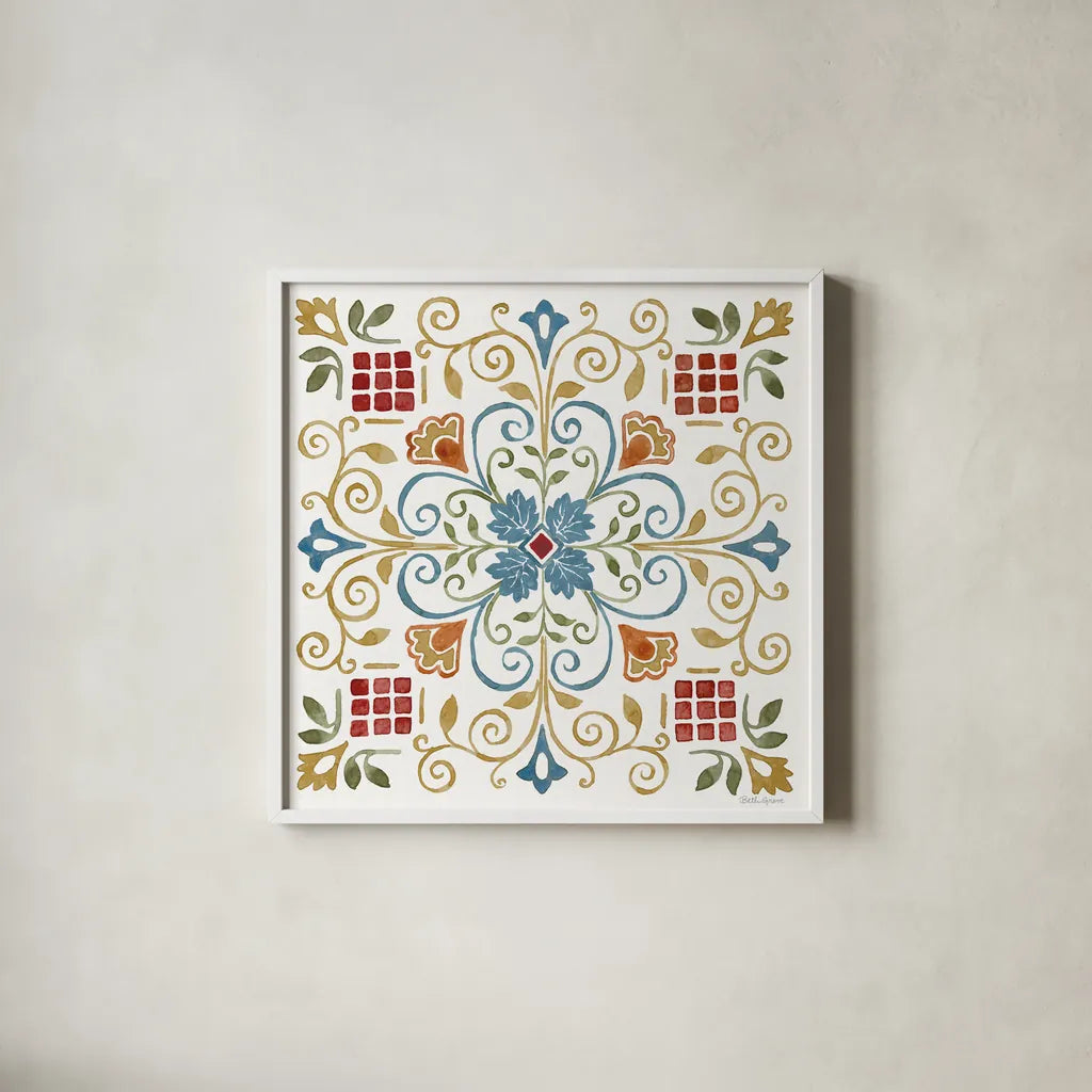 Mediterranean Motif IV by Beth Grove. Shown in a crisp white glass frame for a clean and minimalist style. Available as an archival giclee rolled canvas, fine art paper, or poster print. SKU 77510a.