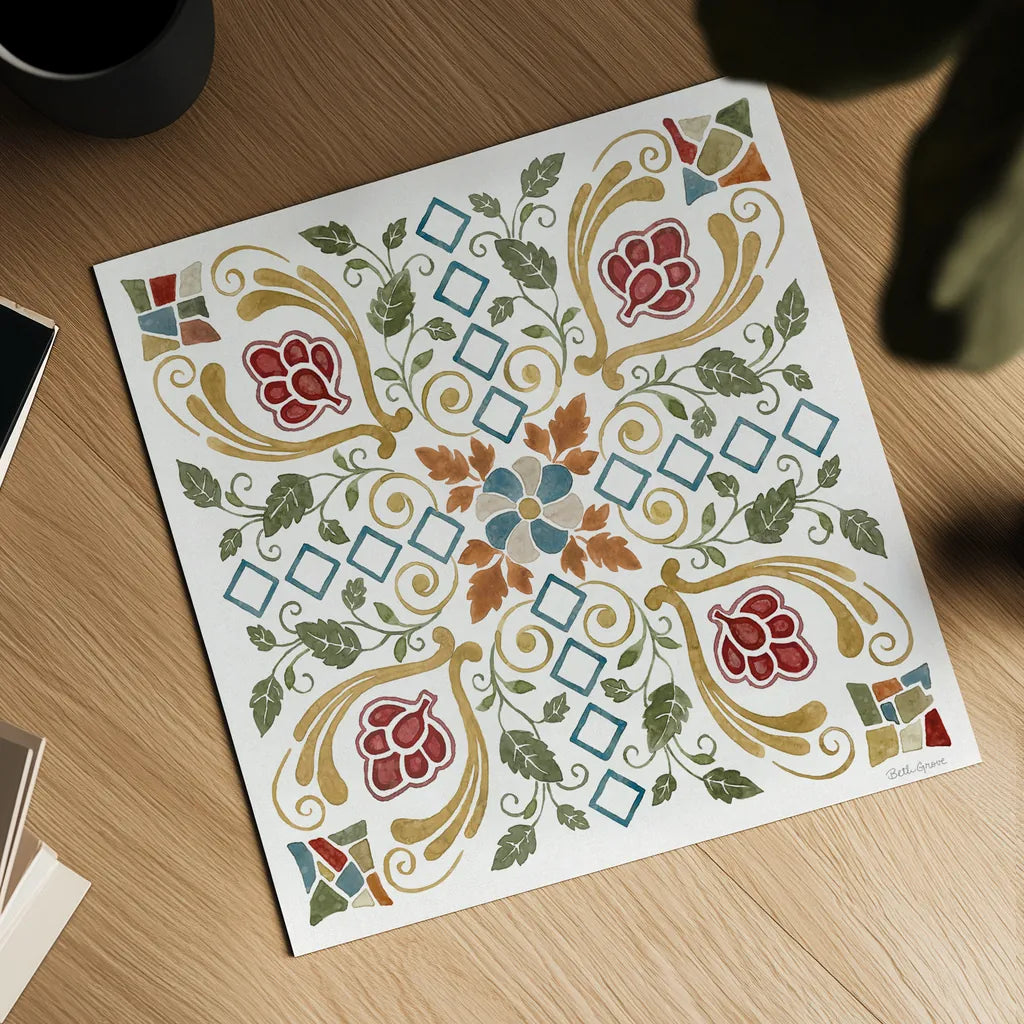 Mediterranean Motif V by Beth Grove. Shown as a detailed flat fine art print, highlighting archival giclee quality. Available as an archival giclee rolled canvas, fine art paper, or poster print. SKU 77511a.