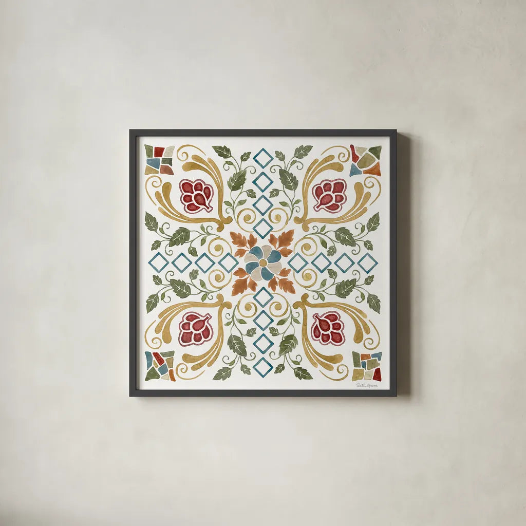 Mediterranean Motif V by Beth Grove. Shown in a sleek black glass frame for a contemporary gallery look. Available as an archival giclee rolled canvas, fine art paper, or poster print. SKU 77511a.