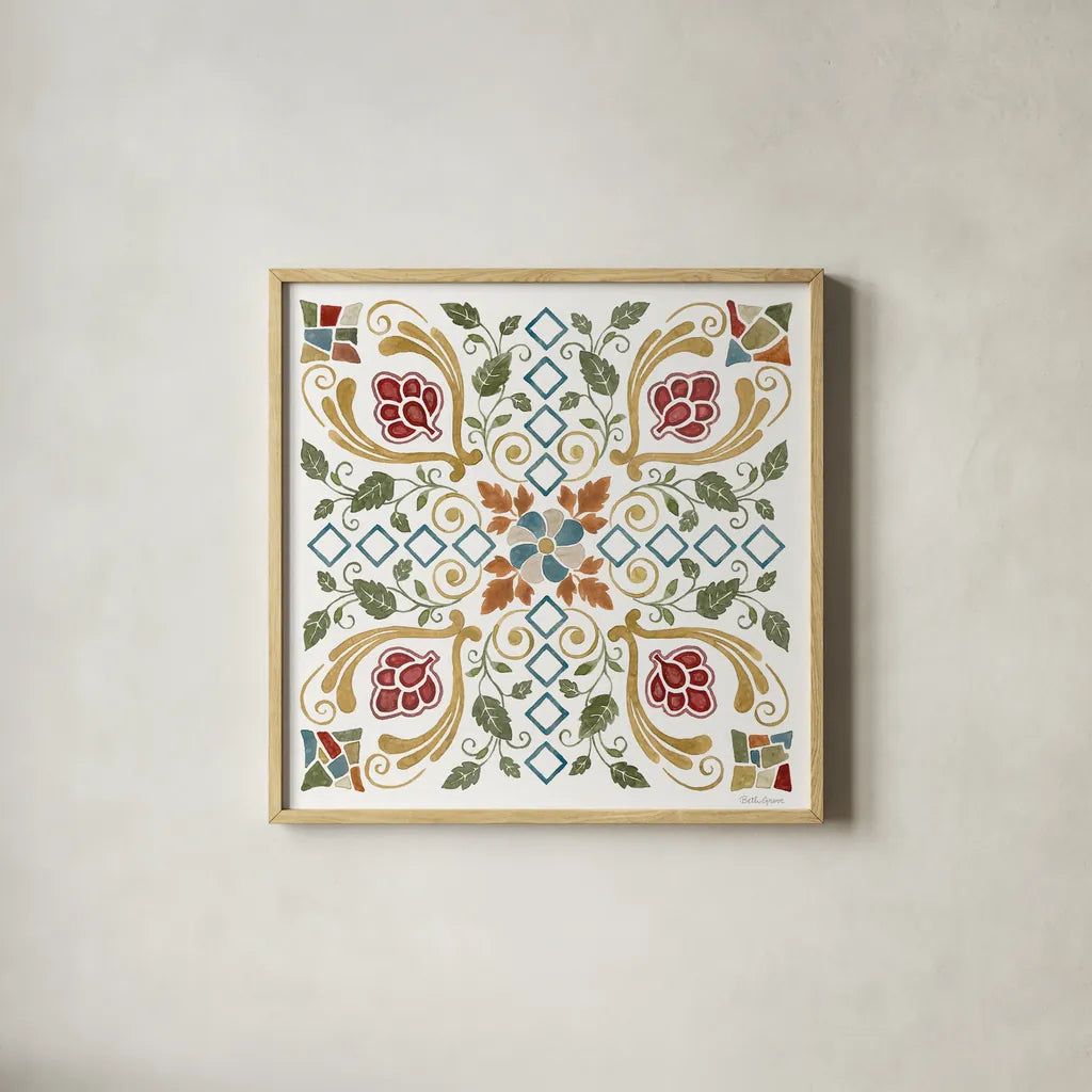 Mediterranean Motif V by Beth Grove. Shown in a natural wood glass frame for a timeless modern aesthetic. Available as an archival giclee rolled canvas, fine art paper, or poster print. SKU 77511a.