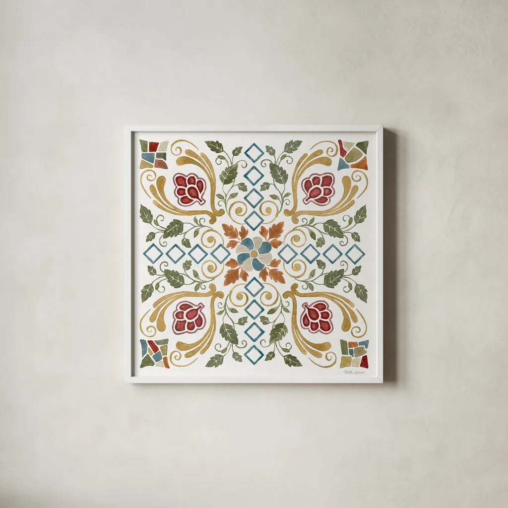 Mediterranean Motif V by Beth Grove. Shown in a crisp white glass frame for a clean and minimalist style. Available as an archival giclee rolled canvas, fine art paper, or poster print. SKU 77511a.