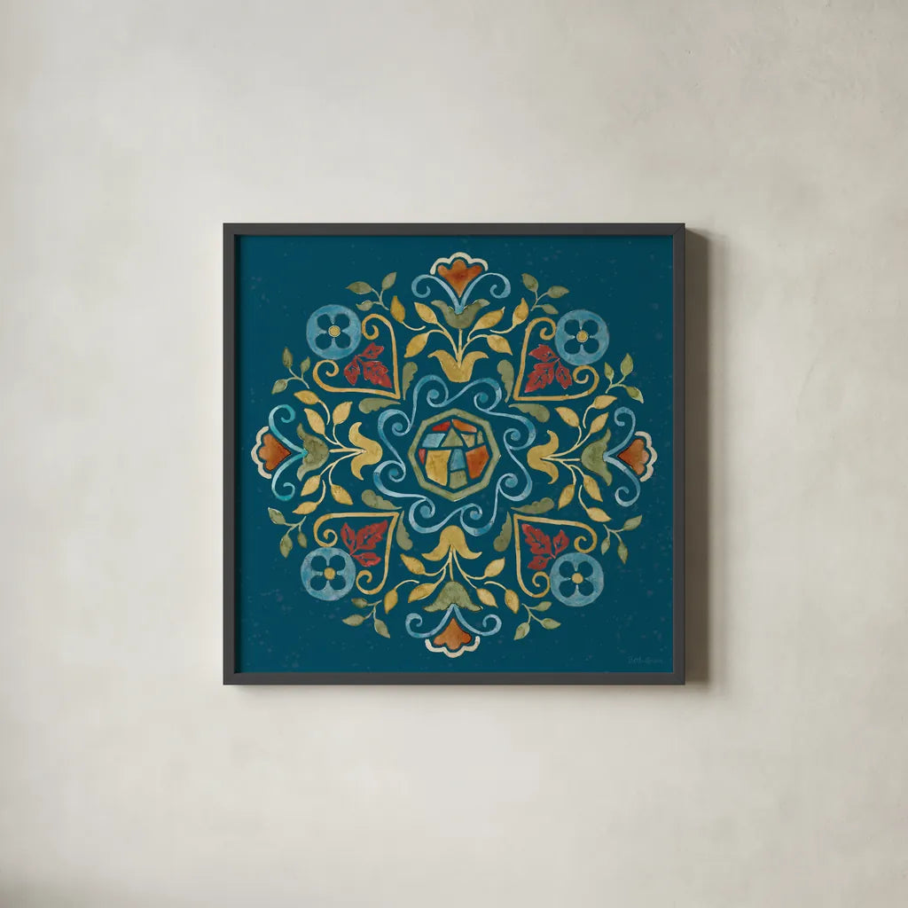 Mediterranean Motif VI by Beth Grove. Shown in a sleek black glass frame for a contemporary gallery look. Available as an archival giclee rolled canvas, fine art paper, or poster print. SKU 77512a.