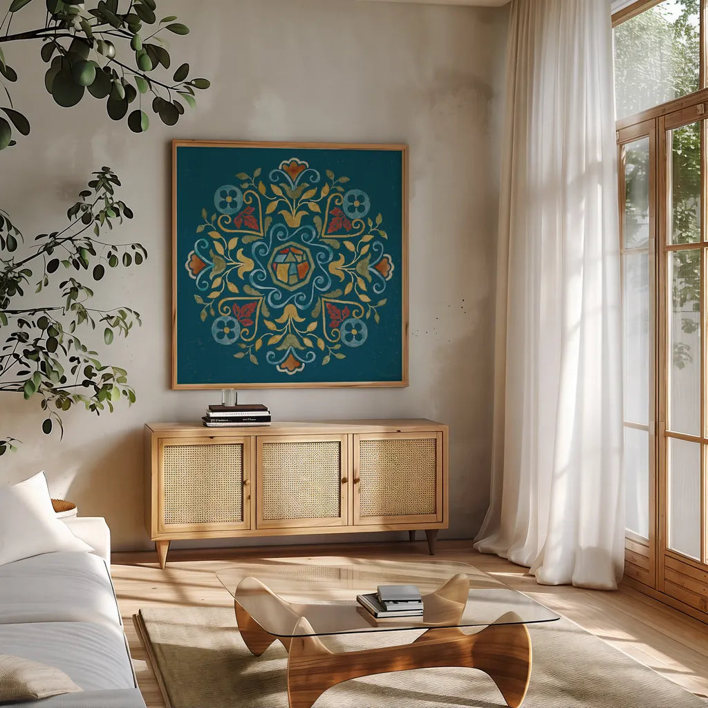 Mediterranean Motif VI by Beth Grove. Shown in a natural wood frame in a cozy modern living room. Available as an archival giclee rolled canvas, fine art paper, or poster print. SKU 77512a.