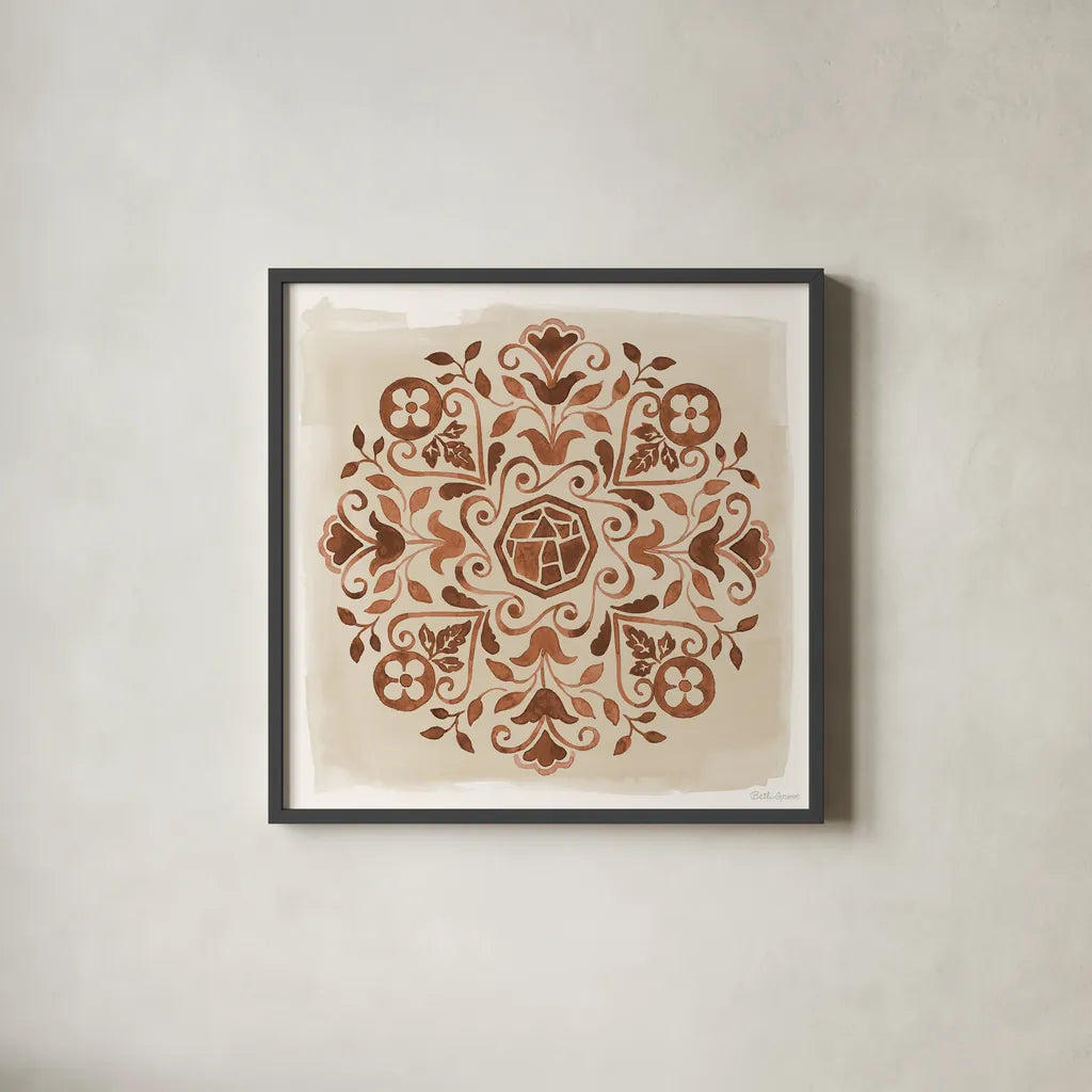 Mediterranean Motif VI Neutral by Beth Grove. Shown in a sleek black glass frame for a contemporary gallery look. Available as an archival giclee rolled canvas, fine art paper, or poster print. SKU 97369a.