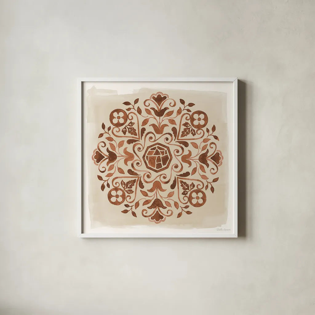 Mediterranean Motif VI Neutral by Beth Grove. Shown in a crisp white glass frame for a clean and minimalist style. Available as an archival giclee rolled canvas, fine art paper, or poster print. SKU 97369a.