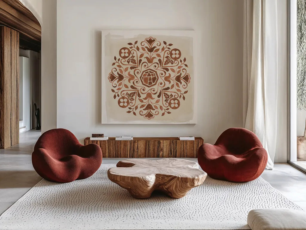 Mediterranean Motif VI Neutral by Beth Grove. Shown as extra-large giant wall art in a modern living room. Available as an archival giclee rolled canvas, fine art paper, or poster print. SKU 97369a.