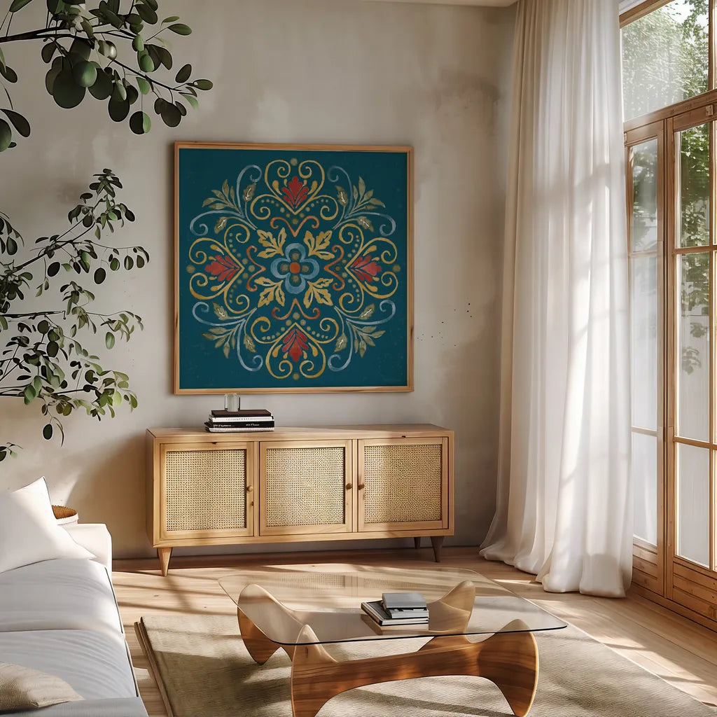 Mediterranean Motif VII by Beth Grove. Shown in a natural wood frame in a cozy modern living room. Available as an archival giclee rolled canvas, fine art paper, or poster print. SKU 77513a.