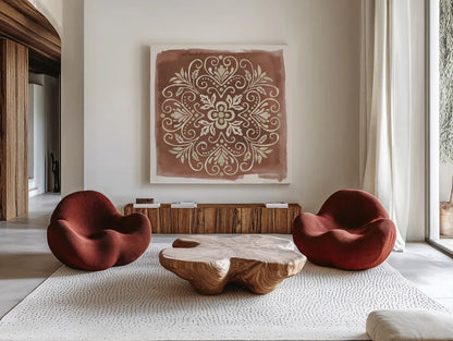 Mediterranean Motif VII Neutral by Beth Grove. Shown as extra-large giant wall art in a modern living room. Available as an archival giclee rolled canvas, fine art paper, or poster print. SKU 97370a.