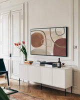 Mediterranean Motif X by Beth Grove. shown as a framed stretched canvas in a living room above a console. Available as a archival giclee rolled canvas, fine art paper, or poster print. SKU 77516i.