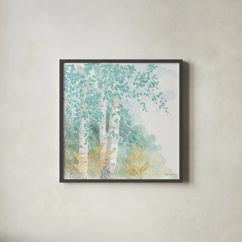 Natures Leaves II by Beth Grove. Shown in a sleek black glass frame for a contemporary gallery look. Available as an archival giclee rolled canvas, fine art paper, or poster print. SKU 56070a.