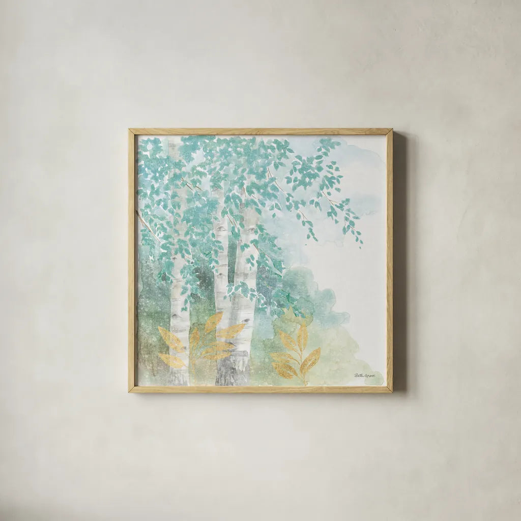 Natures Leaves II by Beth Grove. Shown in a natural wood glass frame for a timeless modern aesthetic. Available as an archival giclee rolled canvas, fine art paper, or poster print. SKU 56070a.