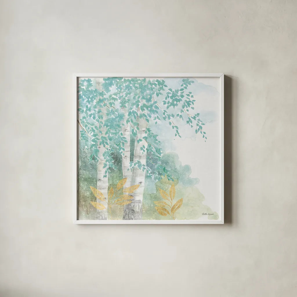 Natures Leaves II by Beth Grove. Shown in a crisp white glass frame for a clean and minimalist style. Available as an archival giclee rolled canvas, fine art paper, or poster print. SKU 56070a.