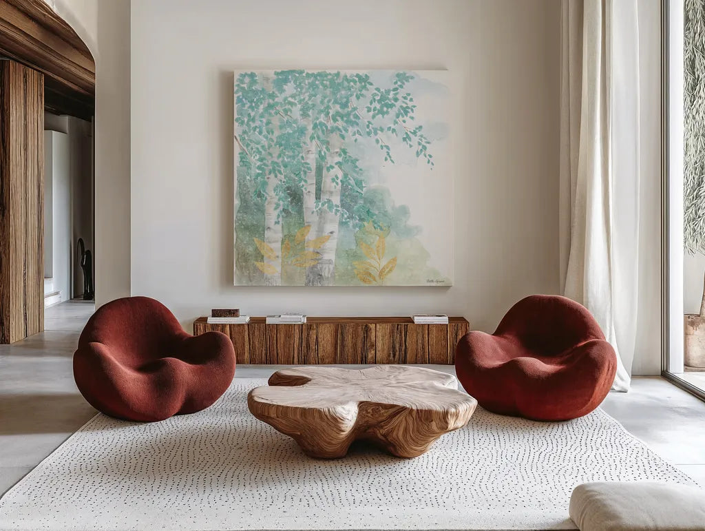 Natures Leaves II by Beth Grove. Shown as extra-large giant wall art in a modern living room. Available as an archival giclee rolled canvas, fine art paper, or poster print. SKU 56070a.