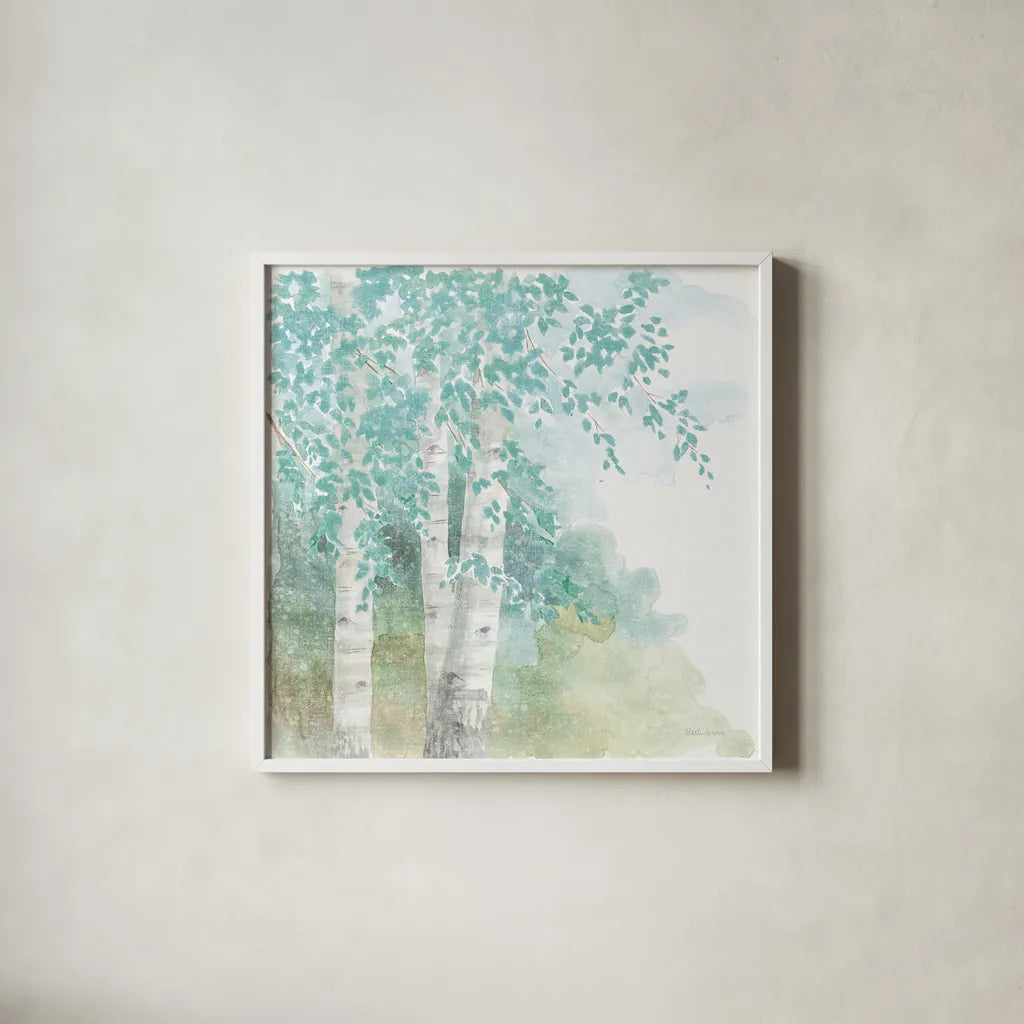 Natures Leaves II No Gold by Beth Grove. Shown in a crisp white glass frame for a clean and minimalist style. Available as an archival giclee rolled canvas, fine art paper, or poster print. SKU 61596a.