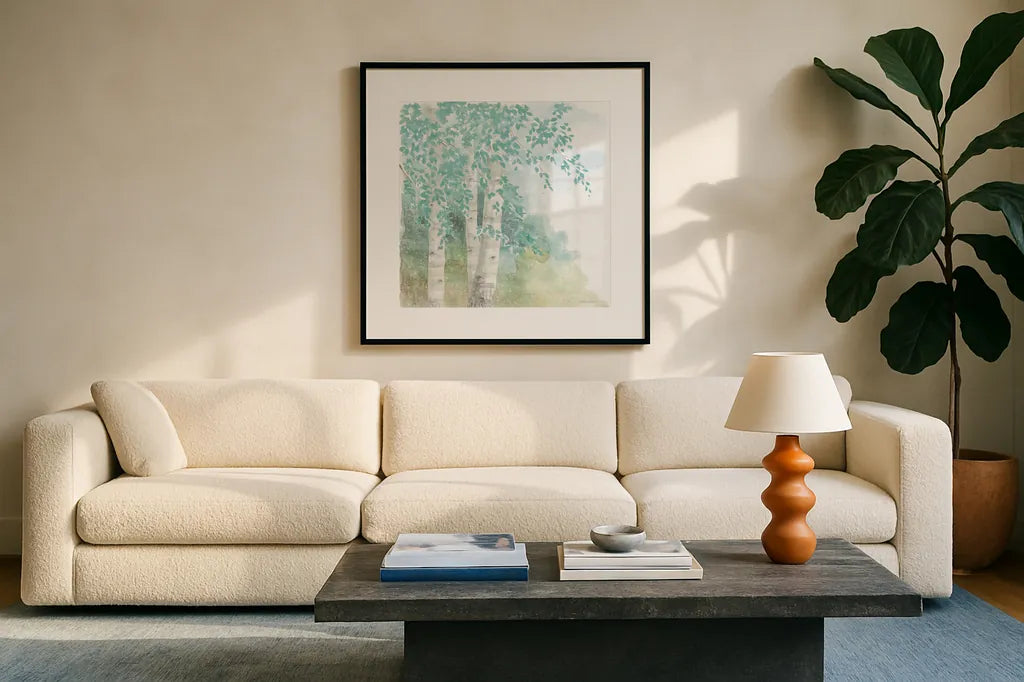 Natures Leaves II No Gold by Beth Grove. Displayed in a glass frame with matte in a clean modern living room. Available as an archival giclee rolled canvas, fine art paper, or poster print. SKU 61596a.