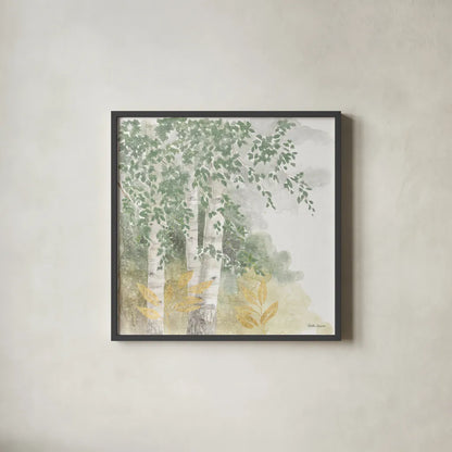 Natures Leaves II Sage by Beth Grove. Shown in a sleek black glass frame for a contemporary gallery look. Available as an archival giclee rolled canvas, fine art paper, or poster print. SKU 71493a.
