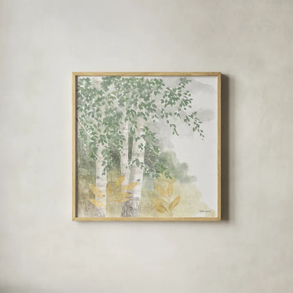 Natures Leaves II Sage by Beth Grove. Shown in a natural wood glass frame for a timeless modern aesthetic. Available as an archival giclee rolled canvas, fine art paper, or poster print. SKU 71493a.