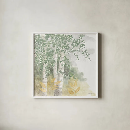 Natures Leaves II Sage by Beth Grove. Shown in a crisp white glass frame for a clean and minimalist style. Available as an archival giclee rolled canvas, fine art paper, or poster print. SKU 71493a.