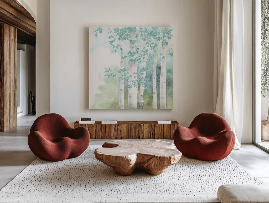 Natures Leaves III No Gold by Beth Grove. Shown as extra-large giant wall art in a modern living room. Available as an archival giclee rolled canvas, fine art paper, or poster print. SKU 61597a.