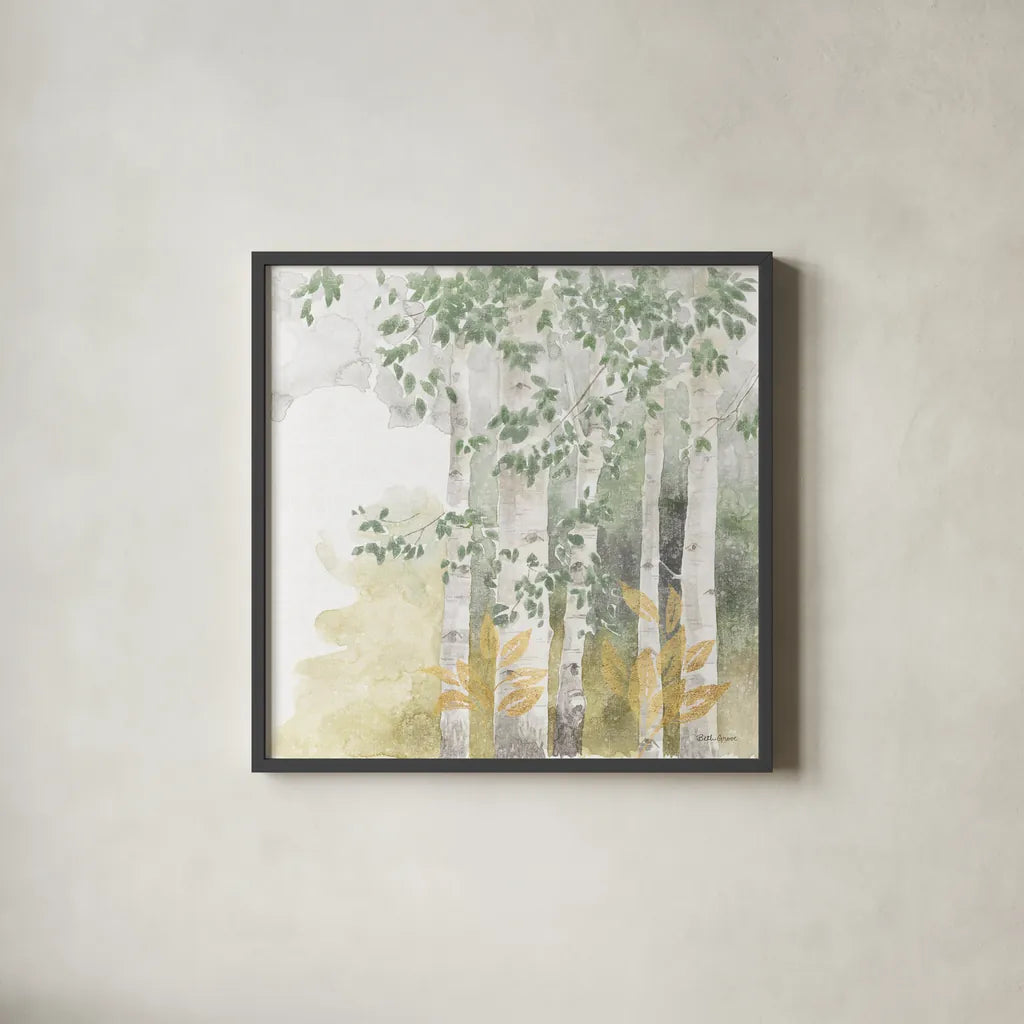Natures Leaves III Sage by Beth Grove. Shown in a sleek black glass frame for a contemporary gallery look. Available as an archival giclee rolled canvas, fine art paper, or poster print. SKU 71494a.