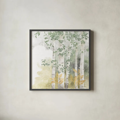 Natures Leaves III Sage by Beth Grove. Shown in a sleek black glass frame for a contemporary gallery look. Available as an archival giclee rolled canvas, fine art paper, or poster print. SKU 71494a.