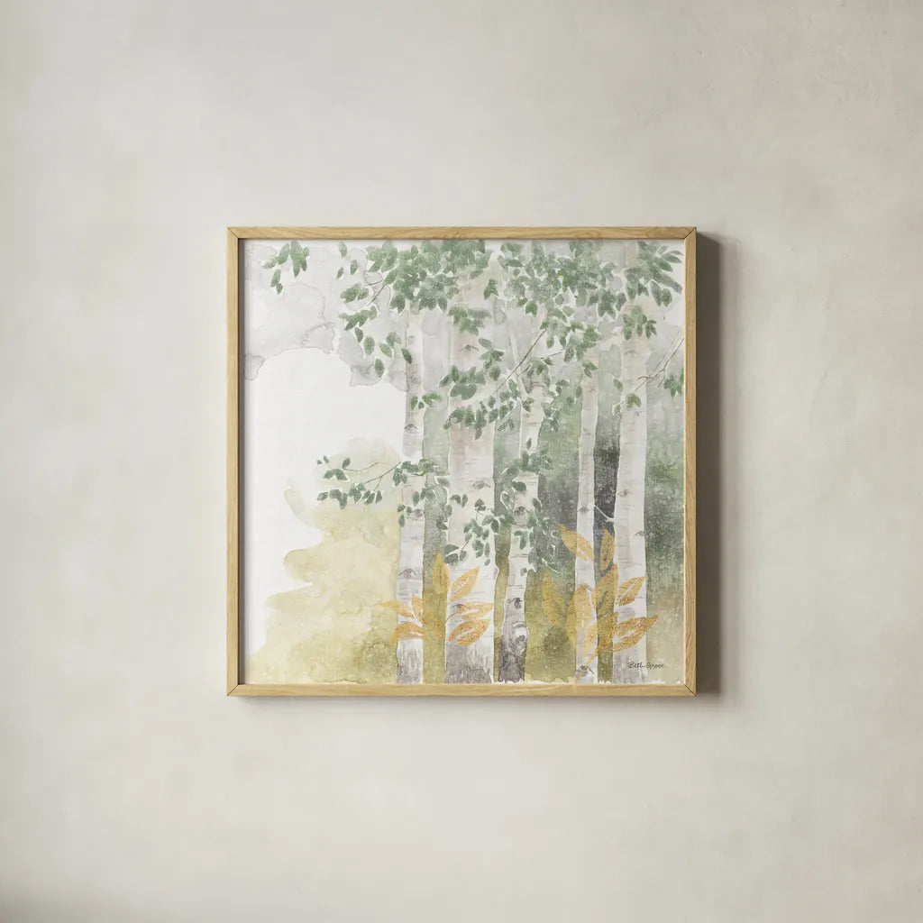 Natures Leaves III Sage by Beth Grove. Shown in a natural wood glass frame for a timeless modern aesthetic. Available as an archival giclee rolled canvas, fine art paper, or poster print. SKU 71494a.