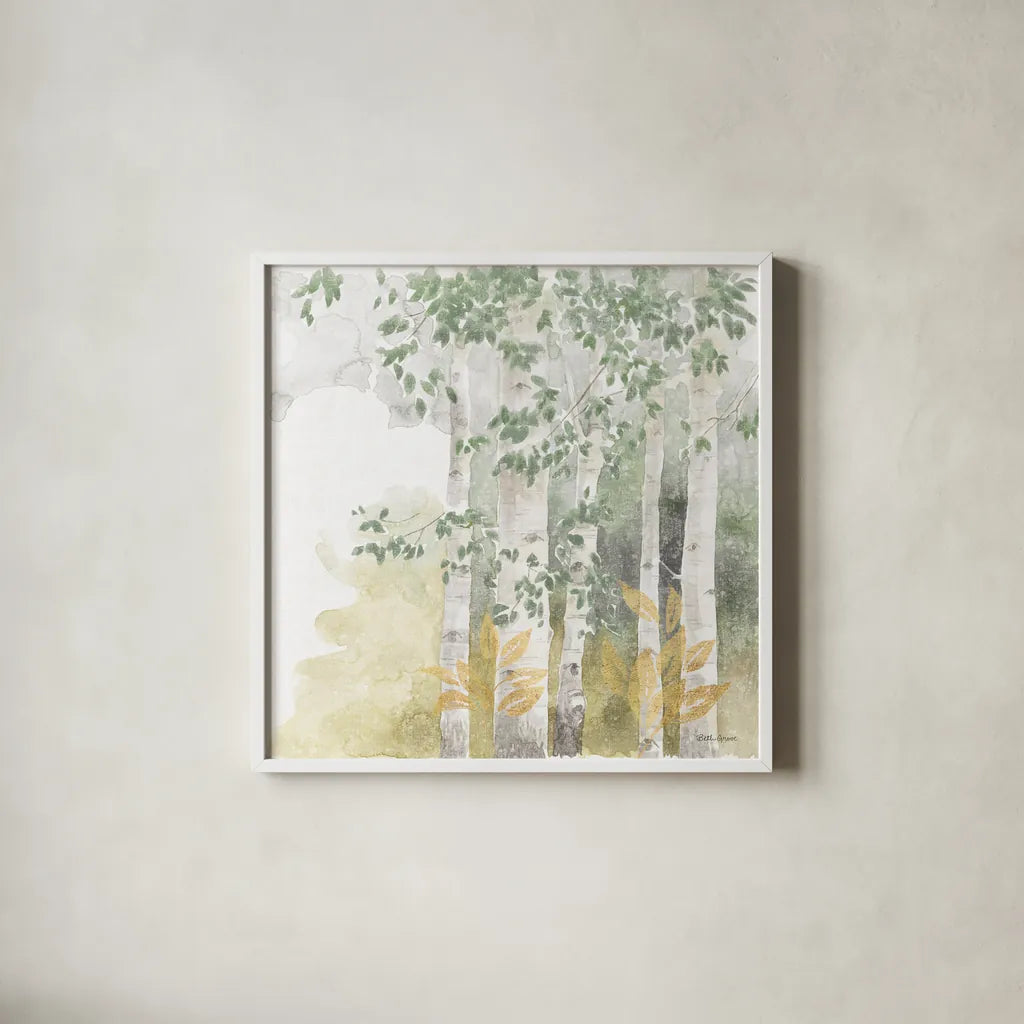 Natures Leaves III Sage by Beth Grove. Shown in a crisp white glass frame for a clean and minimalist style. Available as an archival giclee rolled canvas, fine art paper, or poster print. SKU 71494a.