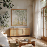 Natures Leaves III Sage by Beth Grove. Shown in a natural wood frame in a cozy modern living room. Available as an archival giclee rolled canvas, fine art paper, or poster print. SKU 71494a.