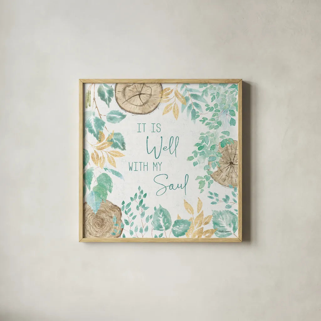 Natures Leaves IV by Beth Grove. Shown in a natural wood glass frame for a timeless modern aesthetic. Available as an archival giclee rolled canvas, fine art paper, or poster print. SKU 56072a.