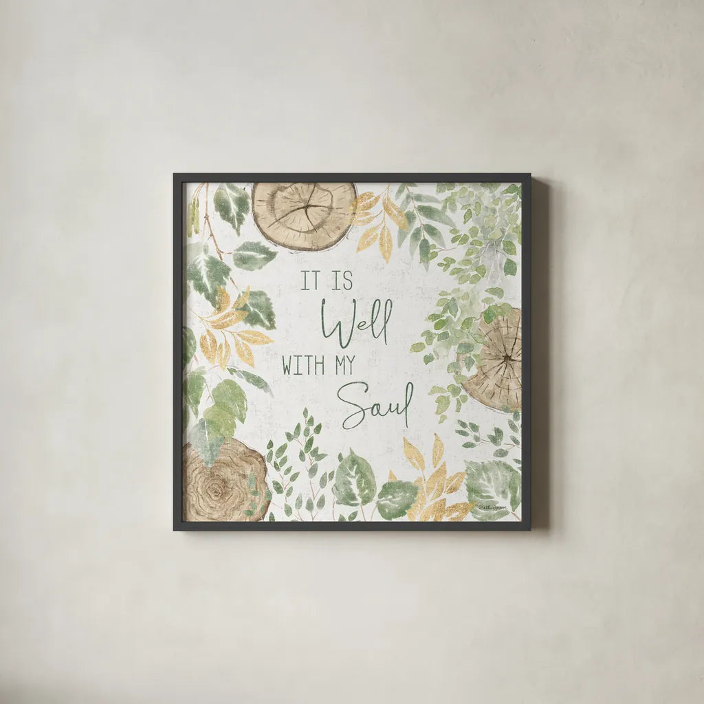 Natures Leaves IV Sage by Beth Grove. Shown in a sleek black glass frame for a contemporary gallery look. Available as an archival giclee rolled canvas, fine art paper, or poster print. SKU 71495a.