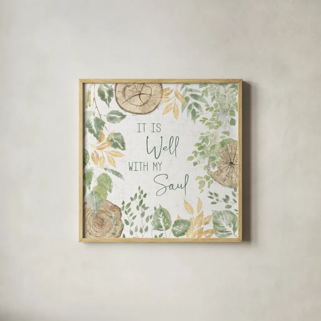 Natures Leaves IV Sage by Beth Grove. Shown in a natural wood glass frame for a timeless modern aesthetic. Available as an archival giclee rolled canvas, fine art paper, or poster print. SKU 71495a.