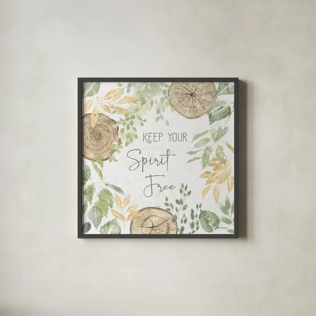 Natures Leaves V Sage by Beth Grove. Shown in a sleek black glass frame for a contemporary gallery look. Available as an archival giclee rolled canvas, fine art paper, or poster print. SKU 71496a.