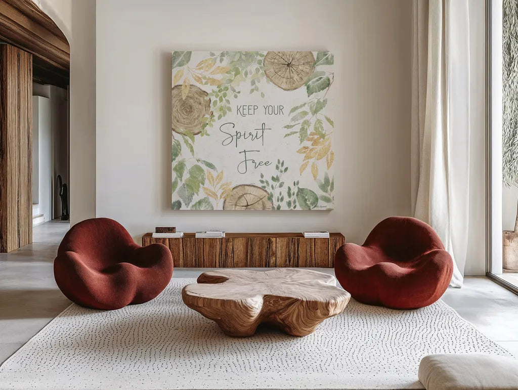 Natures Leaves V Sage by Beth Grove. Shown as extra-large giant wall art in a modern living room. Available as an archival giclee rolled canvas, fine art paper, or poster print. SKU 71496a.