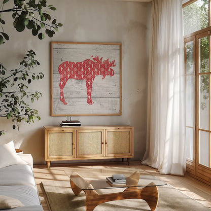 Nordic Holiday IX by Beth Grove. Shown in a natural wood frame in a cozy modern living room. Available as an archival giclee rolled canvas, fine art paper, or poster print. SKU 33877a.