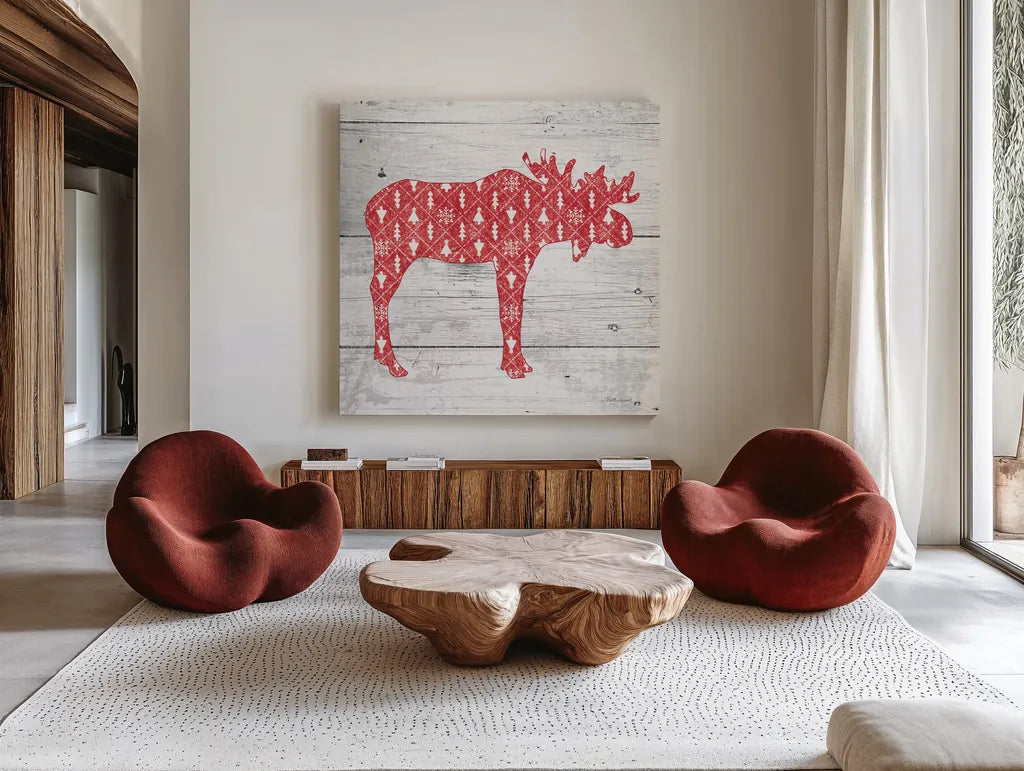 Nordic Holiday IX by Beth Grove. Shown as extra-large giant wall art in a modern living room. Available as an archival giclee rolled canvas, fine art paper, or poster print. SKU 33877a.