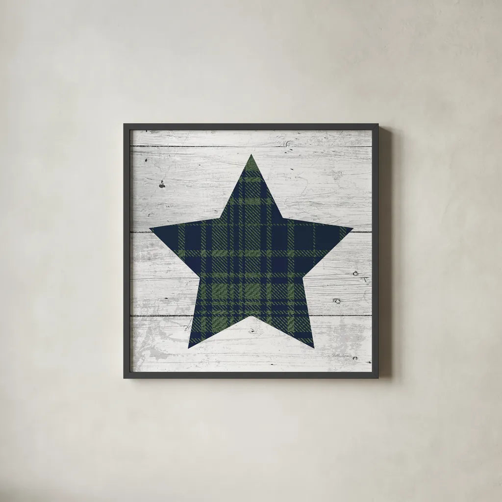 Nordic Holiday XII Plaid Navy Green by Beth Grove. Shown in a sleek black glass frame for a contemporary gallery look. Available as an archival giclee rolled canvas, fine art paper, or poster print. SKU 59702a.