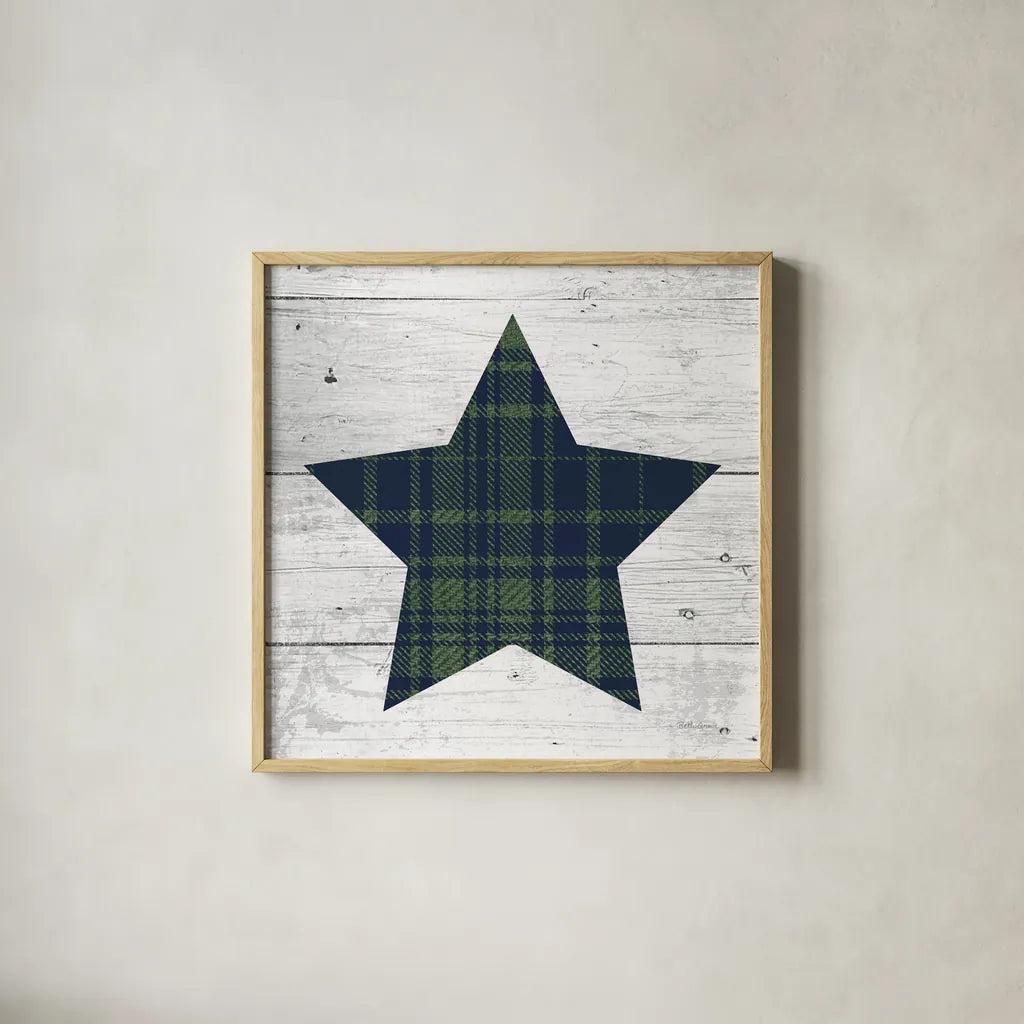 Nordic Holiday XII Plaid Navy Green by Beth Grove. Shown in a natural wood glass frame for a timeless modern aesthetic. Available as an archival giclee rolled canvas, fine art paper, or poster print. SKU 59702a.