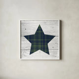 Nordic Holiday XII Plaid Navy Green by Beth Grove. Shown in a crisp white glass frame for a clean and minimalist style. Available as an archival giclee rolled canvas, fine art paper, or poster print. SKU 59702a.