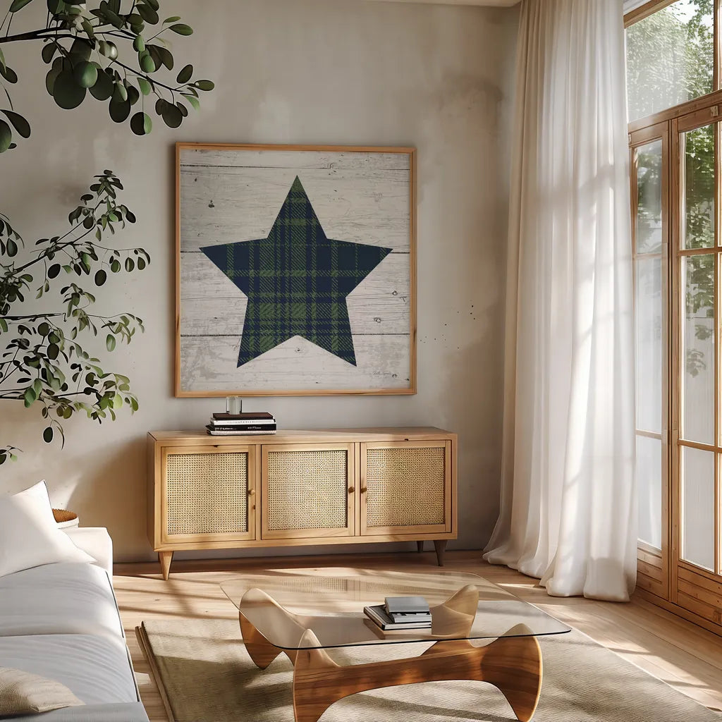 Nordic Holiday XII Plaid Navy Green by Beth Grove. Shown in a natural wood frame in a cozy modern living room. Available as an archival giclee rolled canvas, fine art paper, or poster print. SKU 59702a.