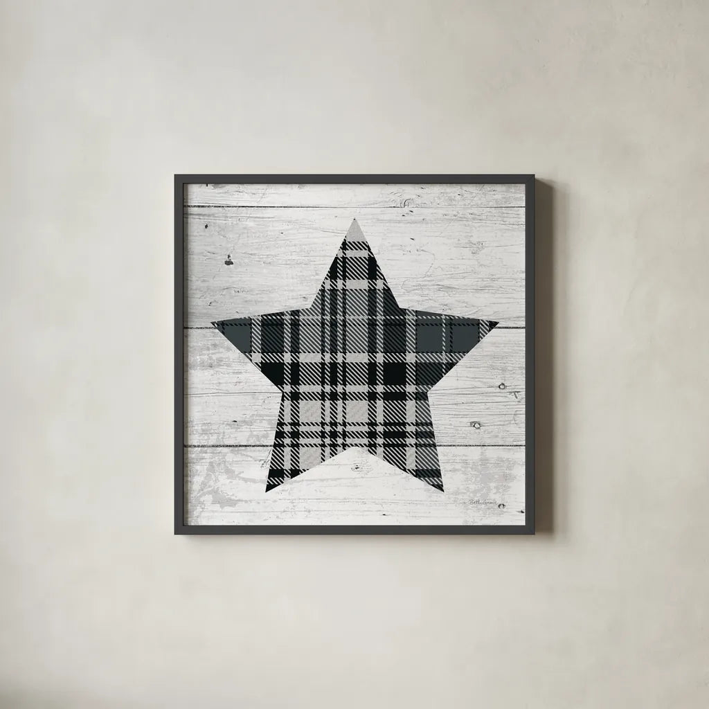 Nordic Holiday XIII Plaid by Beth Grove. Shown in a sleek black glass frame for a contemporary gallery look. Available as an archival giclee rolled canvas, fine art paper, or poster print. SKU 37366a.