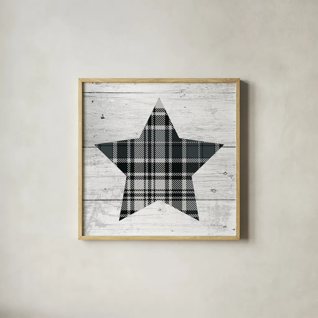 Nordic Holiday XIII Plaid by Beth Grove. Shown in a natural wood glass frame for a timeless modern aesthetic. Available as an archival giclee rolled canvas, fine art paper, or poster print. SKU 37366a.
