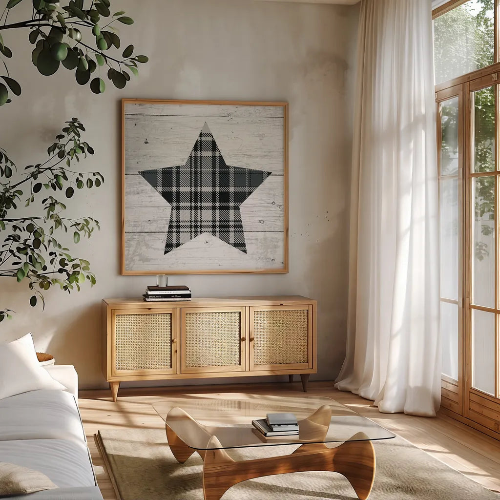 Nordic Holiday XIII Plaid by Beth Grove. Shown in a natural wood frame in a cozy modern living room. Available as an archival giclee rolled canvas, fine art paper, or poster print. SKU 37366a.