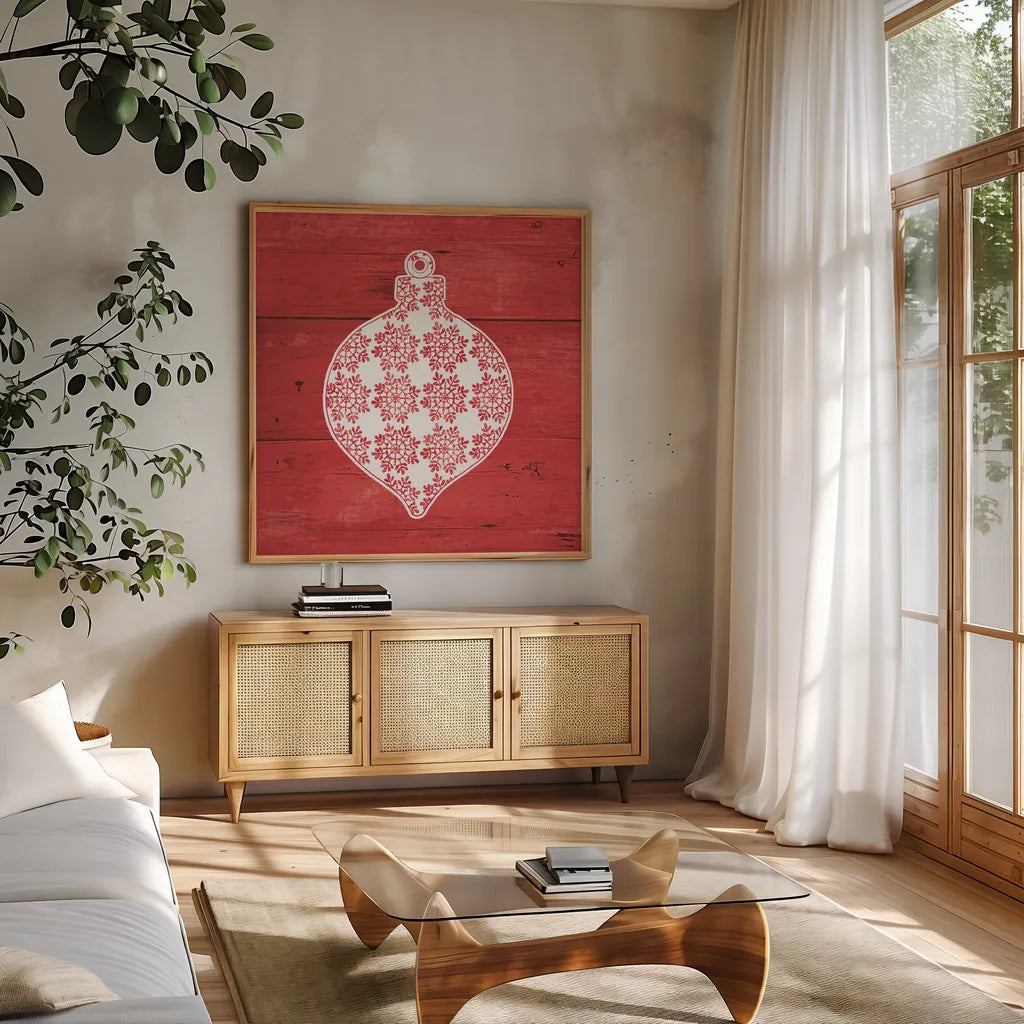 Nordic Holiday XIV by Beth Grove. Shown in a natural wood frame in a cozy modern living room. Available as an archival giclee rolled canvas, fine art paper, or poster print. SKU 33882a.